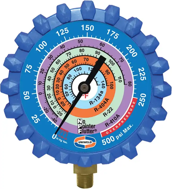 Uniweld G430ND 3-1/8 Blue/Low Pressure Gauge W/Boot (PSI °F) R410A R22 R404A R134A