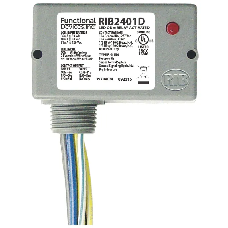 Functional Devices RIB2401D Pilot Relay 10 Amp DPDT 24 Vac/dc 120 Vac Coil NEMA 1 Housing
