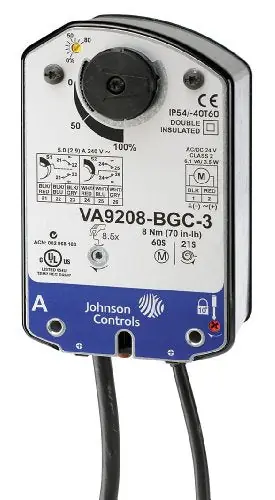 Johnson Controls VA9208-AGC-3 VA9208 Series On/Off and Floating Point Electric Spring-Return Actuator 24 VAC 2 SPDT 5.0 A at 240 V 48 18 AWG Appliance Cable