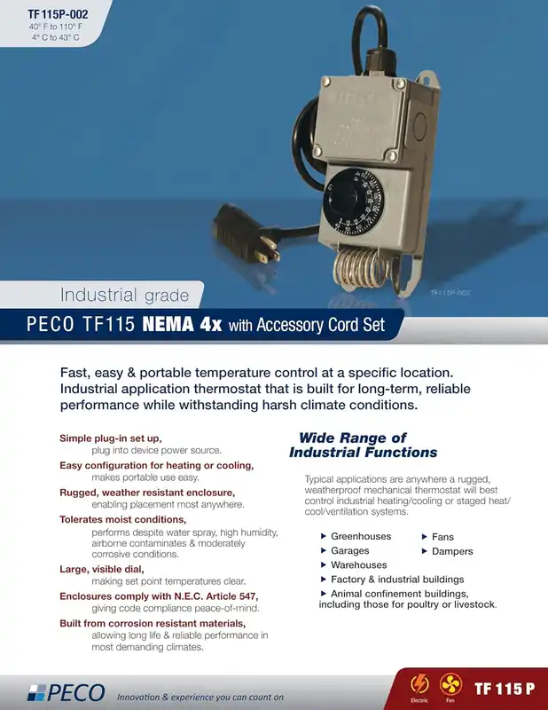 PECO TF115P-002 Industrial Temperature Controller W/Power Cord Range 40-110F Nema 4X